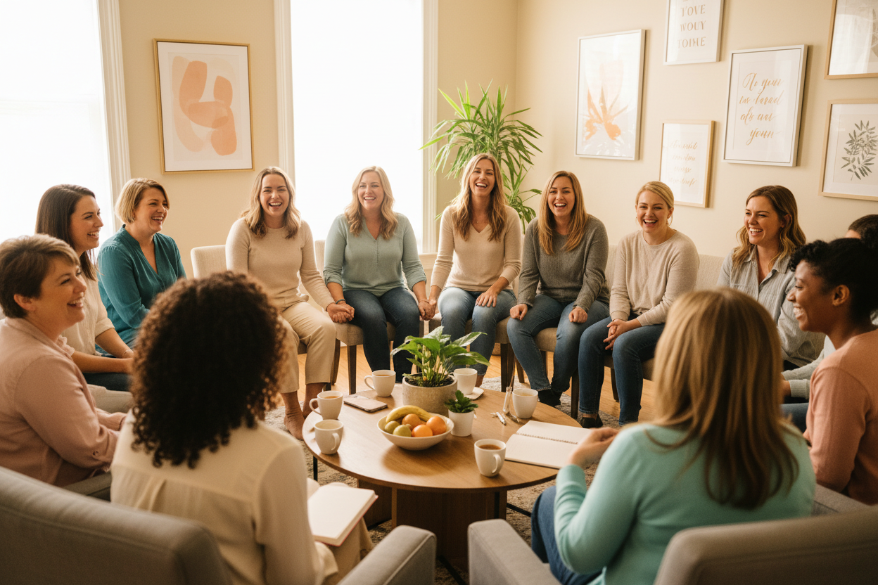 selbsthilfe gruppe, lächelde frauen